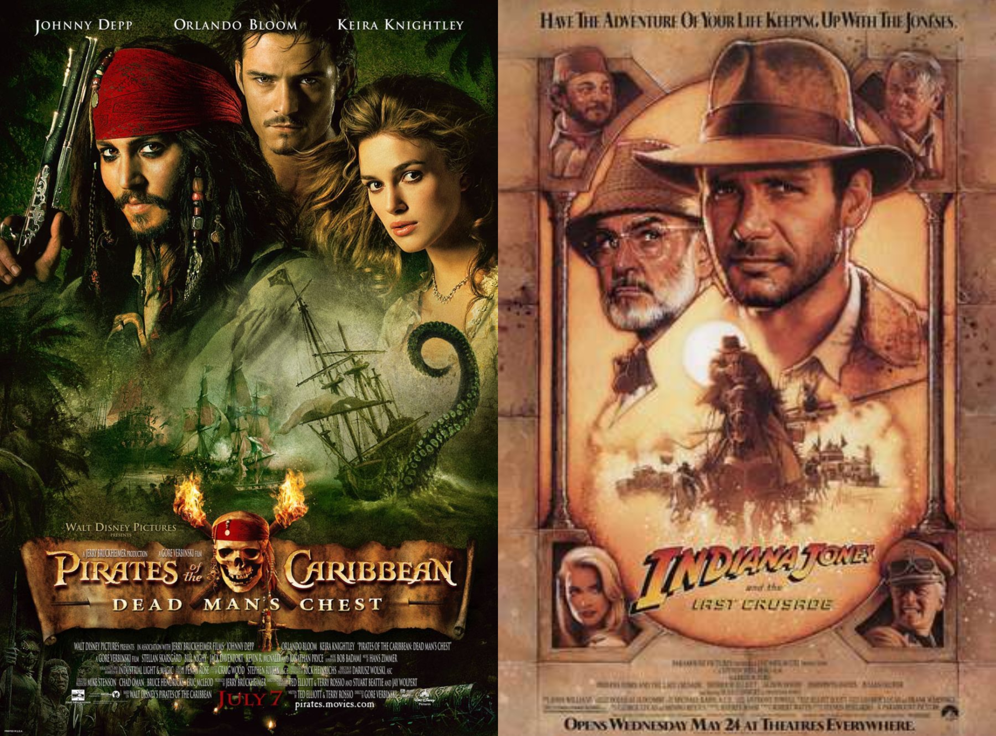 Posters for Pirates of the Caribbean: Dead Man's Chest and Indiana Jones and the Last Crusoe