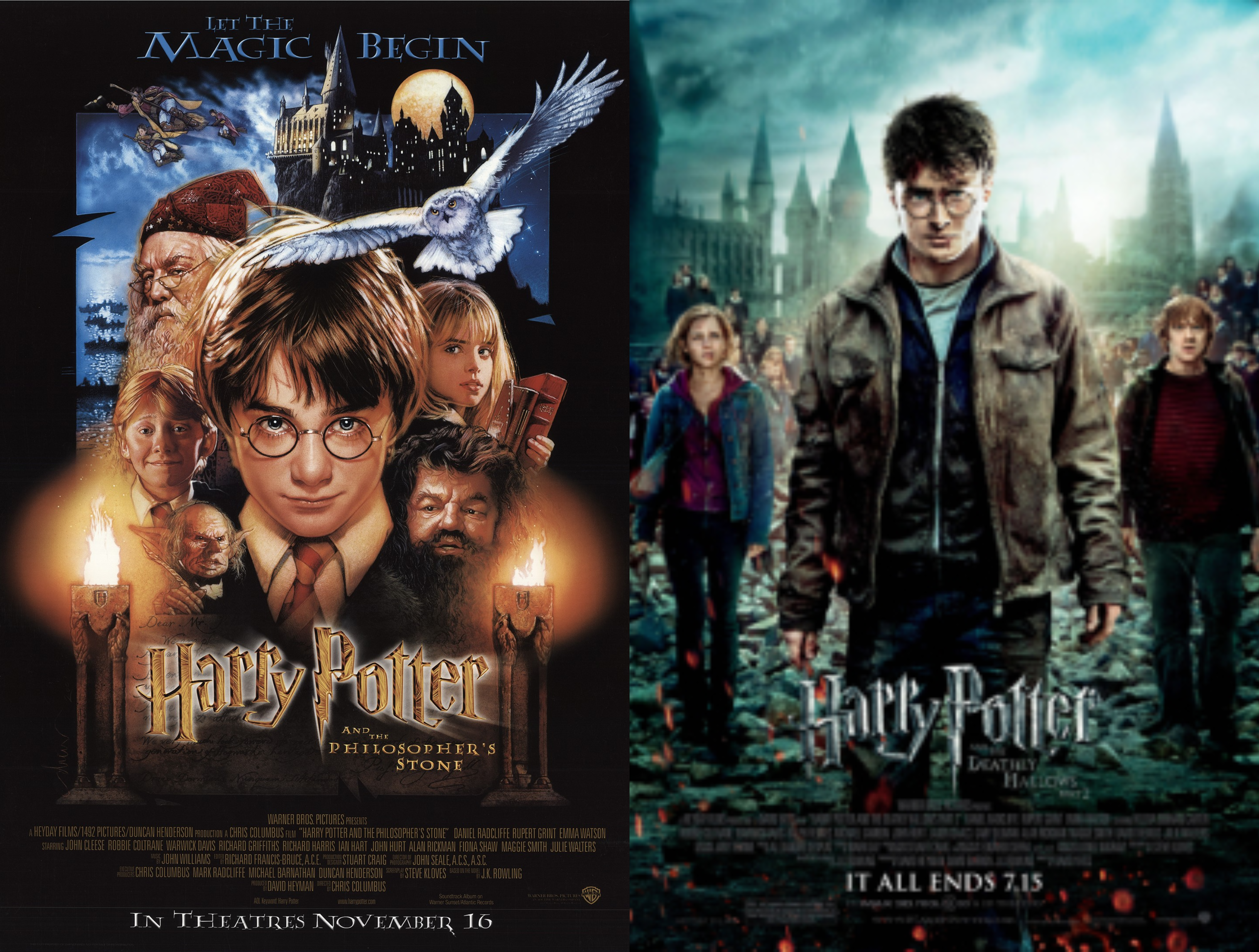 Posters for Harry Potter and the Philosopher's Stone and Harry Potter and the Deathly Hallows part 2